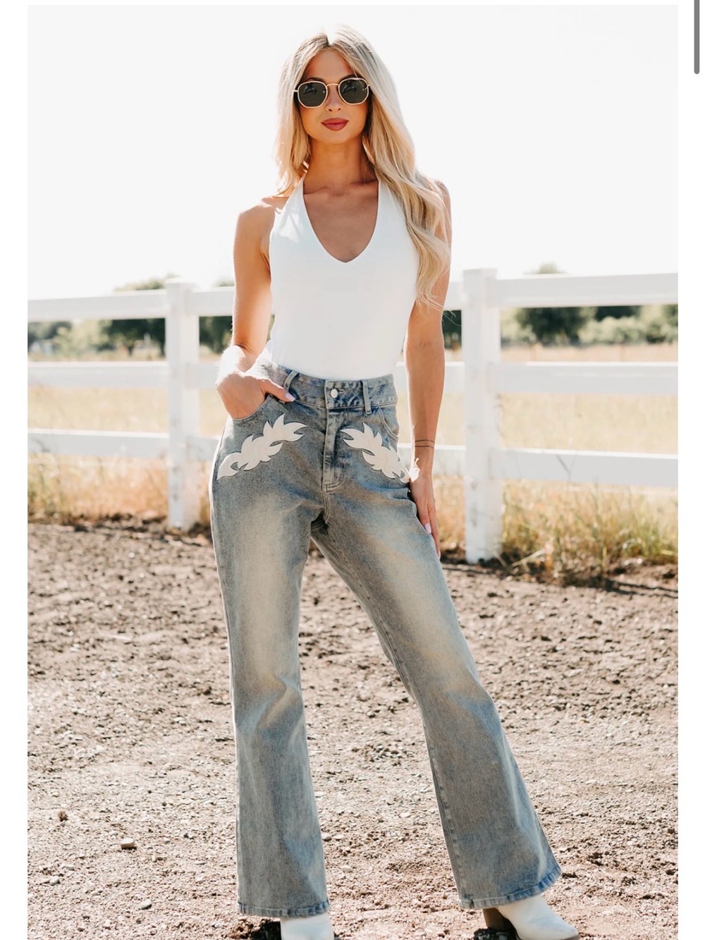 Light Blue High-Rise Wide Leg Jeans with White Leaf Appliqué